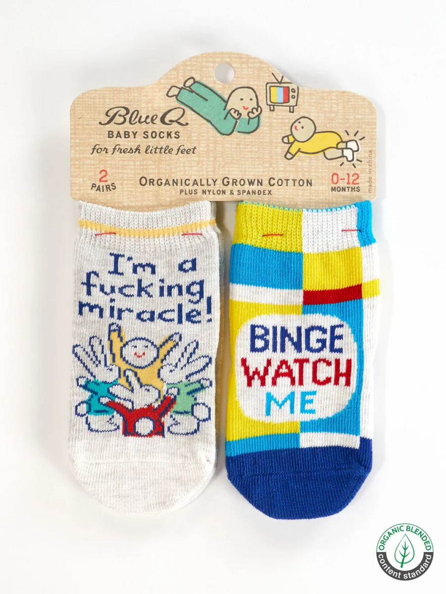 Blue Q Baby Socks Set of 2 Pairs - 'I'm A Fucking Miracle!'/ 'Binge Watch Me'