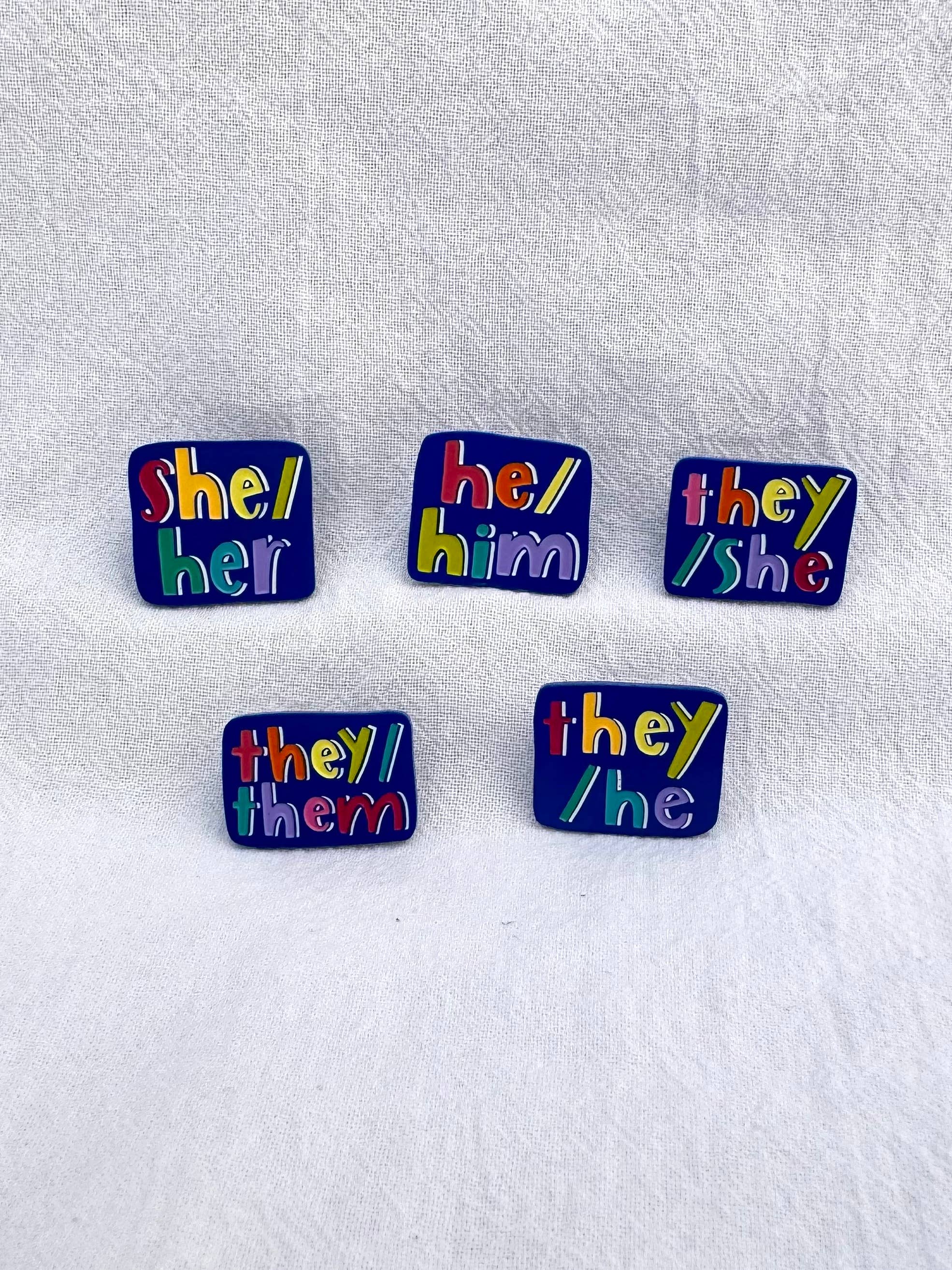 Blue with Rainbow Text Pronoun Pins