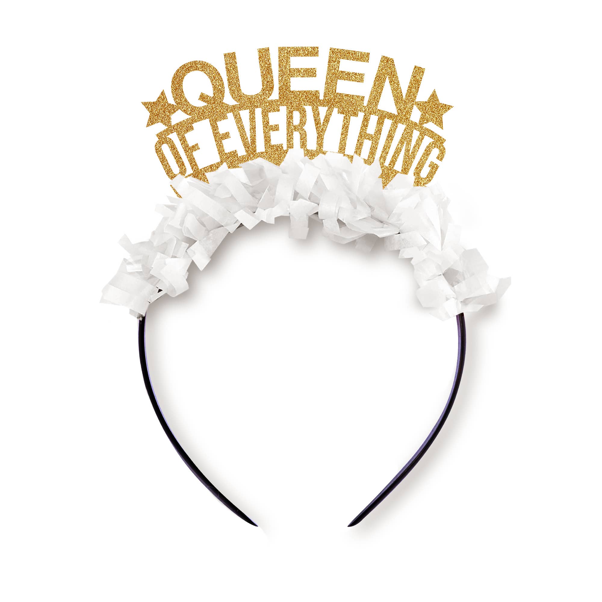 Queen of Everything Birthday Headband Party Crown: Gold words/Hot Pink fringe - Image 2