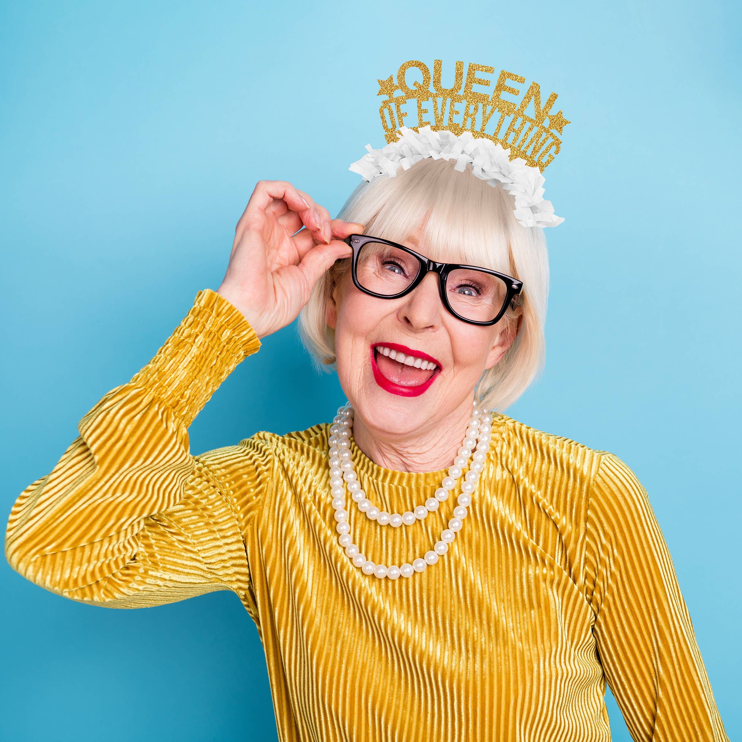 Queen of Everything Birthday Headband Party Crown: Gold words/Hot Pink fringe - Image 3