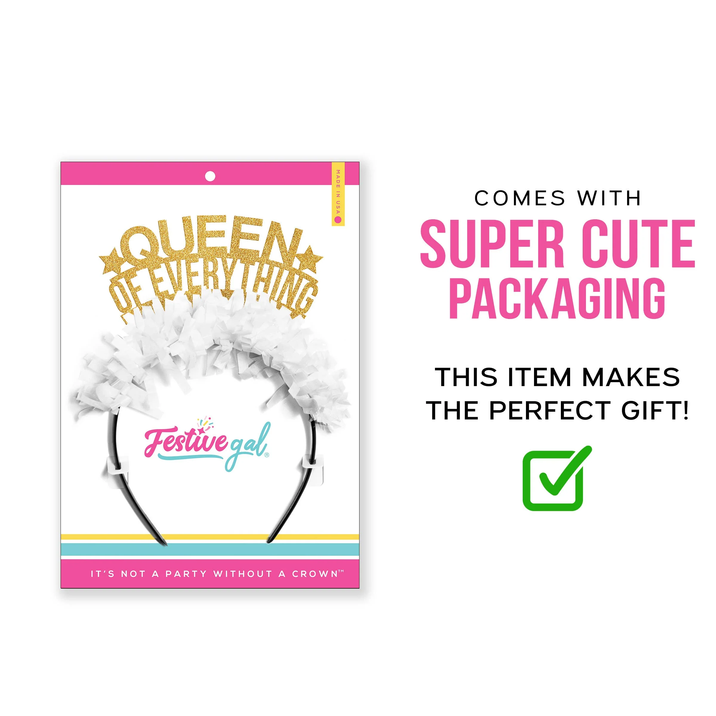 Queen of Everything Birthday Headband Party Crown: Gold words/Hot Pink fringe - Image 4