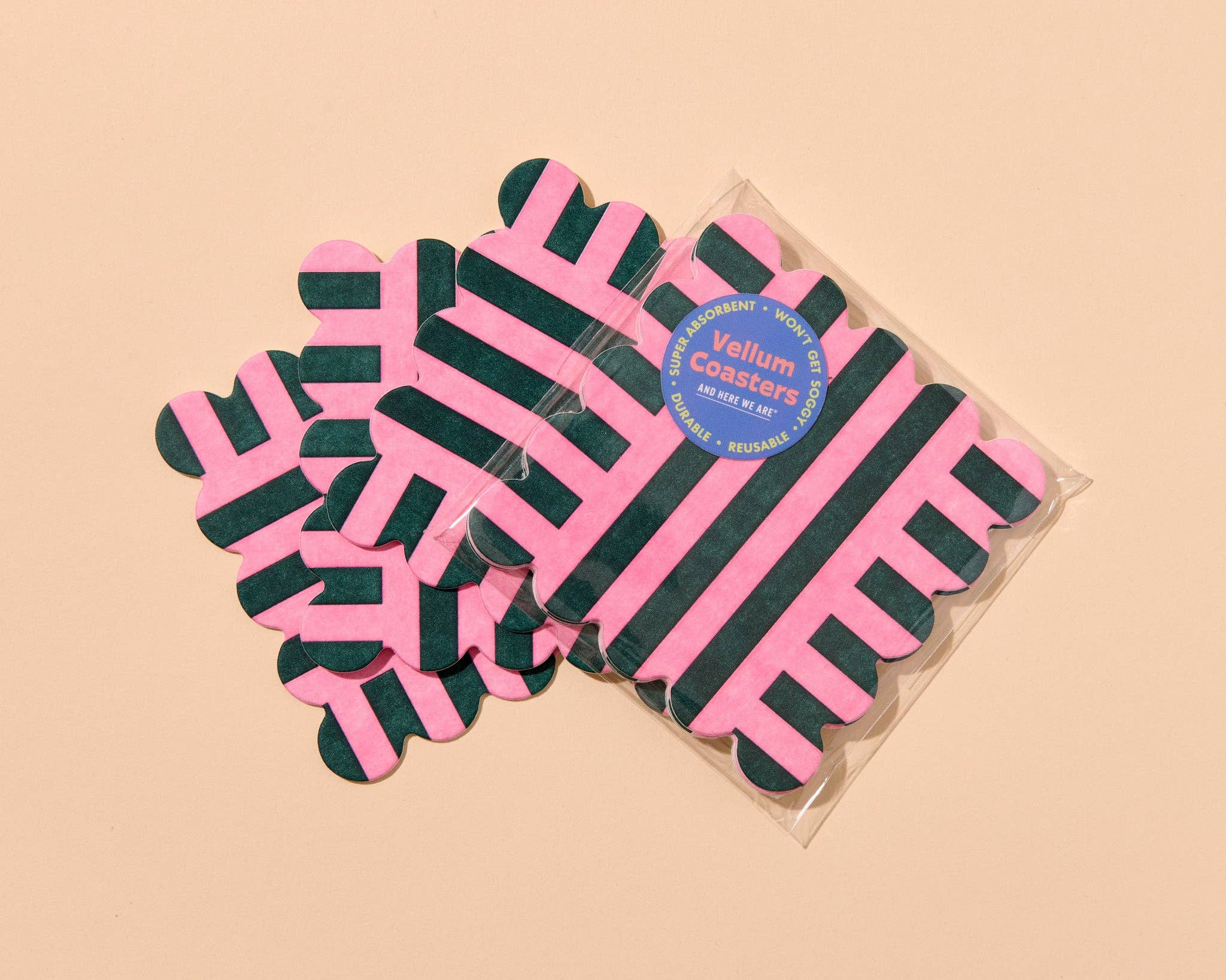 Riviera Riviera Stripes Scalloped Vellum Coasters - Pink/Hunter Green (Set of 4)