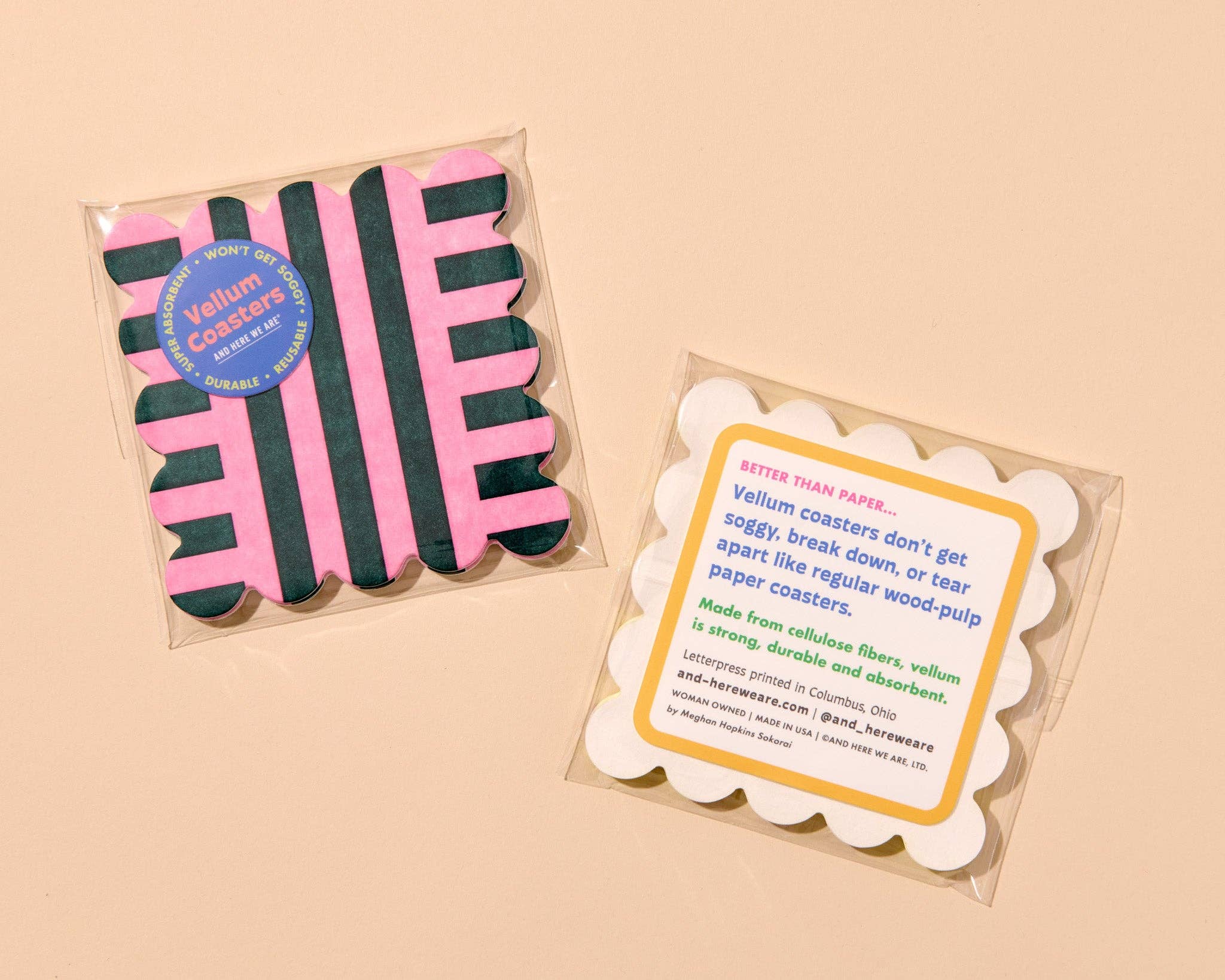 Riviera Riviera Stripes Scalloped Vellum Coasters - Pink/Hunter Green (Set of 4) - Image 2