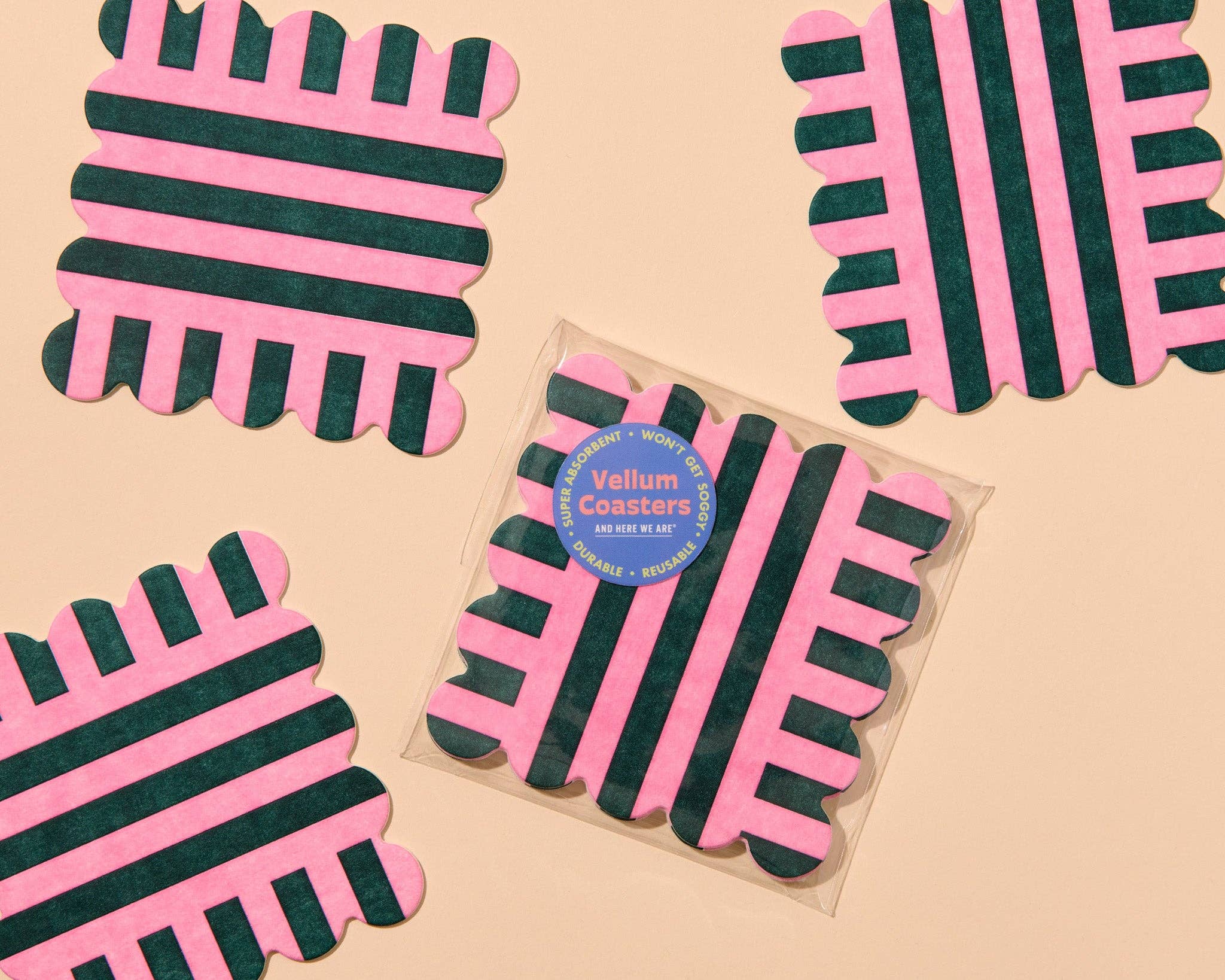 Riviera Riviera Stripes Scalloped Vellum Coasters - Pink/Hunter Green (Set of 4) - Image 3