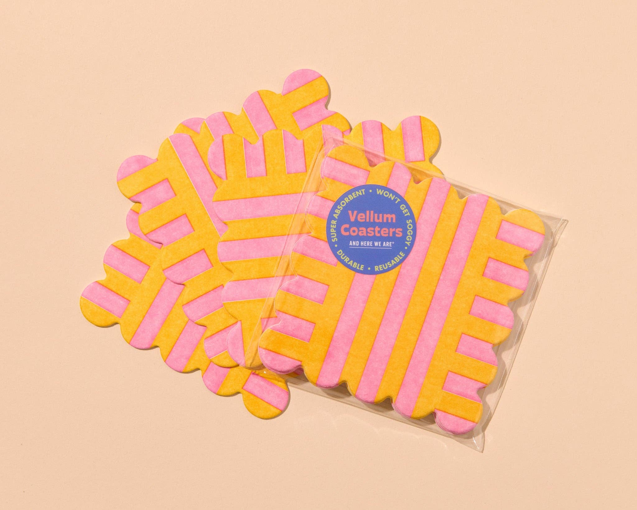 Riviera Stripes Letterpress Vellum Coasters - Pink/Yellow (Set of 4)