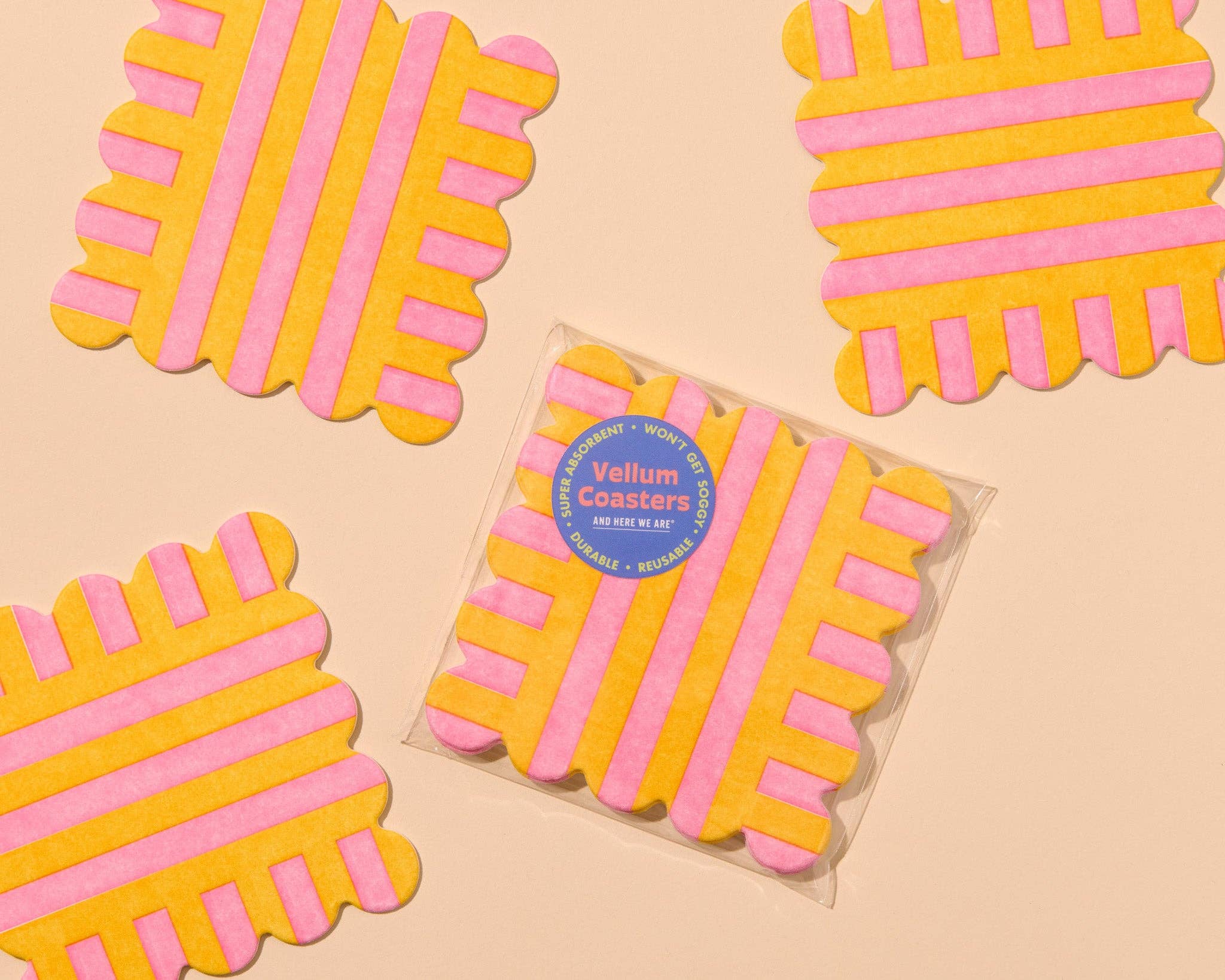 Riviera Stripes Letterpress Vellum Coasters - Pink/Yellow (Set of 4) - Image 3