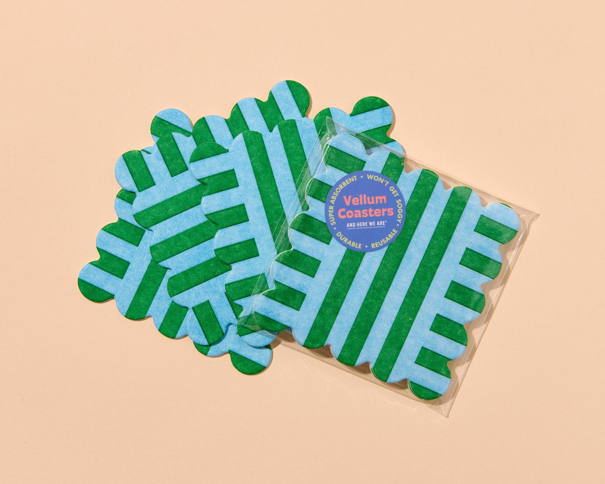 Riviera Stripes Scalloped Letterpress Vellum Coasters - Blue/Green (Set of 4)