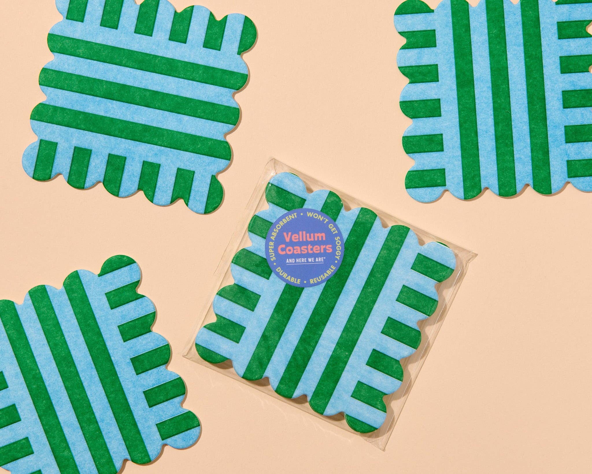 Riviera Stripes Scalloped Letterpress Vellum Coasters - Blue/Green (Set of 4) - Image 3