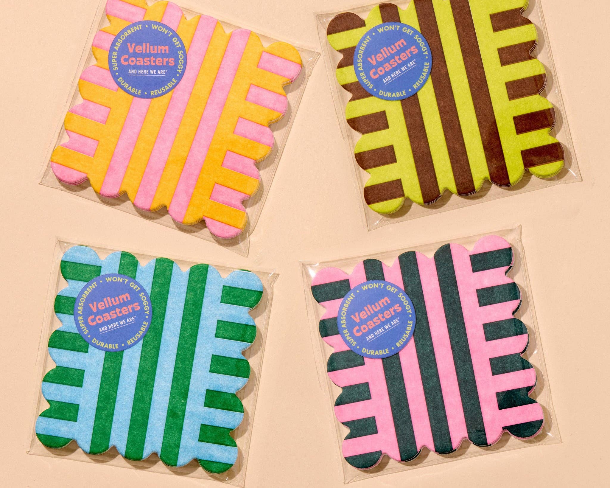 Riviera Stripes Scalloped Letterpress Vellum Coasters - Blue/Green (Set of 4) - Image 5
