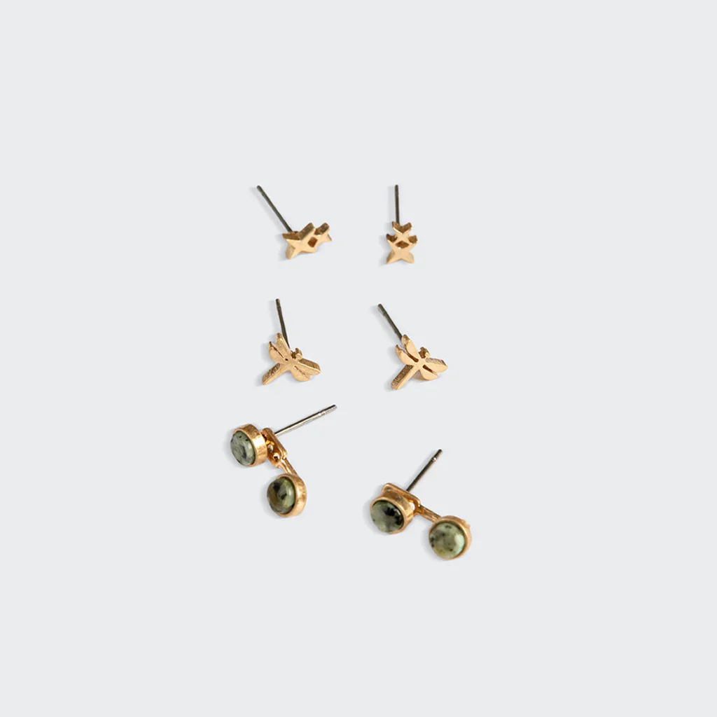 Scout Curated Wears Stud Trio Ear Jacket Set - Dragonfly / African Turquoise / Gold